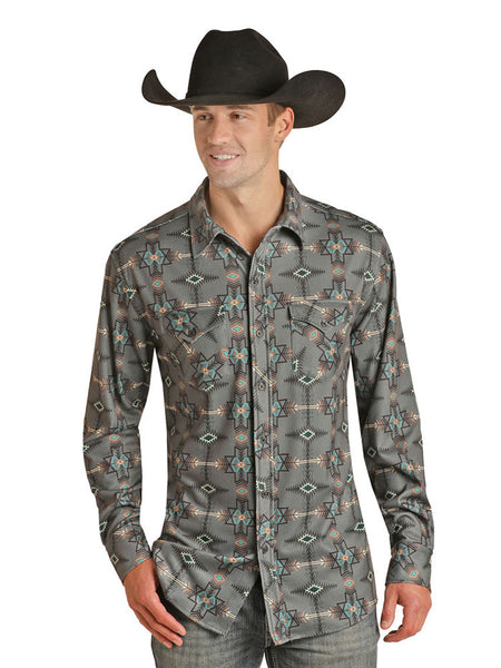 Rock & Roll Denim RRMSOBR09Q Mens Aztec Button Up Shirt Dark Grey front view. If you need any assistance with this item or the purchase of this item please call us at five six one seven four eight eight eight zero one Monday through Saturday 10:00a.m EST to 8:00 p.m EST