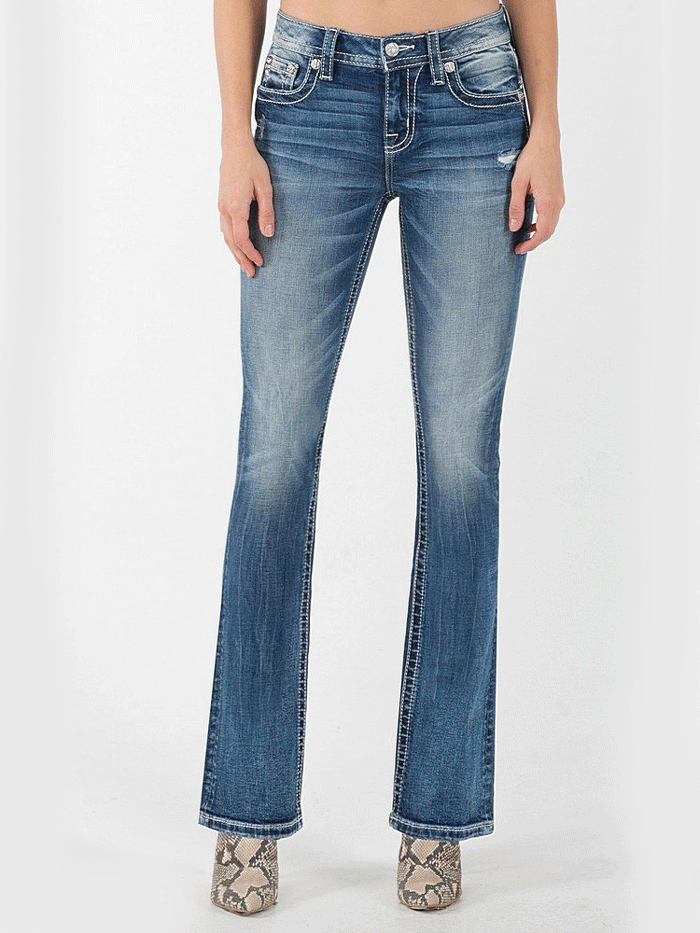 Miss Me M3881B Womens Mid Rise Boot Jean Horseshoe Medium Blue back view. If you need any assistance with this item or the purchase of this item please call us at five six one seven four eight eight eight zero one Monday through Saturday 10:00a.m EST to 8:00 p.m EST