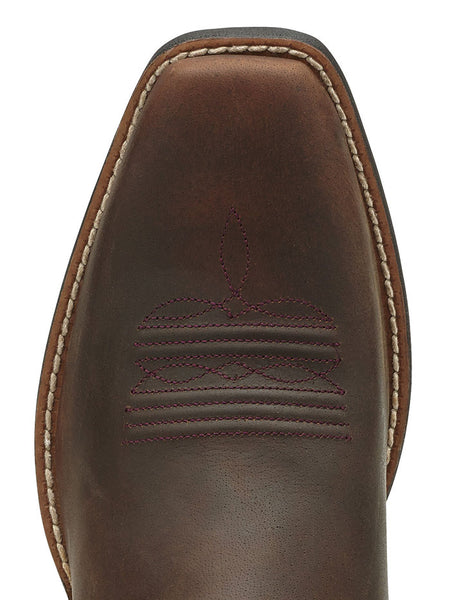 Ariat 10014172 Womens Round Up Square Toe Western Boot Powder Brown toe view. If you need any assistance with this item or the purchase of this item please call us at five six one seven four eight eight eight zero one Monday through Saturday 10:00a.m EST to 8:00 p.m EST