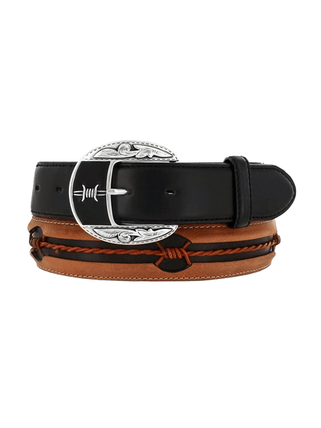 Justin C10813 Mens Fenced In Belt Aged Bark And Black front view. If you need any assistance with this item or the purchase of this item please call us at five six one seven four eight eight eight zero one Monday through Saturday 10:00a.m EST to 8:00 p.m EST