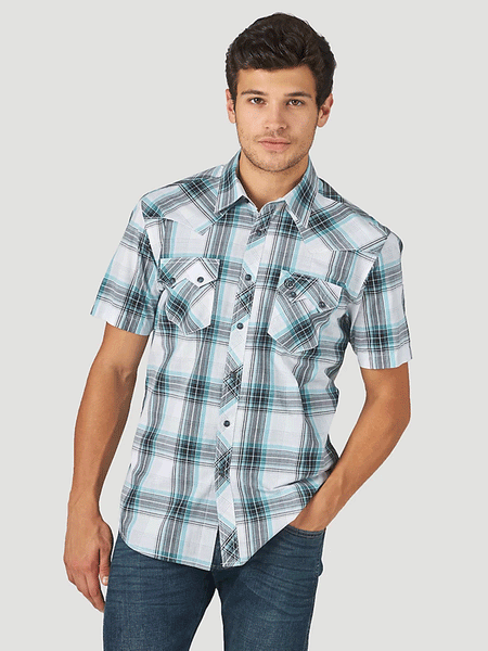Wrangler 10MV4033Q Mens Retro Short Sleeve Plaid Shirt Teal front view. If you need any assistance with this item or the purchase of this item please call us at five six one seven four eight eight eight zero one Monday through Saturday 10:00a.m EST to 8:00 p.m EST