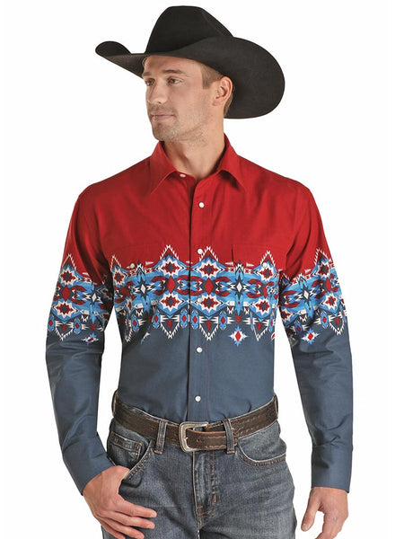 Panhandle 30S2000 Mens Border Printed LS Western Snap Shirt Navy front view. If you need any assistance with this item or the purchase of this item please call us at five six one seven four eight eight eight zero one Monday through Saturday 10:00a.m EST to 8:00 p.m EST