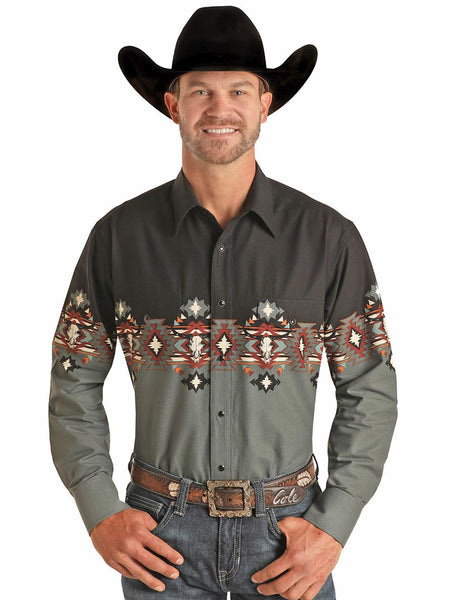 Panhandle 30S2002 Mens Border Printed LS Western Snap Shirt Teal front view. If you need any assistance with this item or the purchase of this item please call us at five six one seven four eight eight eight zero one Monday through Saturday 10:00a.m EST to 8:00 p.m EST