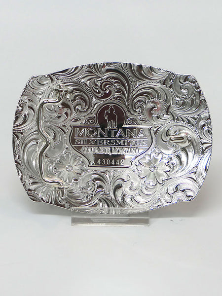 Montana Silversmiths 31210-855 Triple Cross Figure Two Tone Roped Cameo Buckle Silver back view. If you need any assistance with this item or the purchase of this item please call us at five six one seven four eight eight eight zero one Monday through Saturday 10:00a.m EST to 8:00 p.m EST