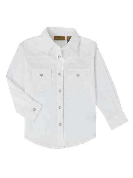 Wrangler 10GW7001W Girls Rhinestones Embroidery Western Shirt White front view. If you need any assistance with this item or the purchase of this item please call us at five six one seven four eight eight eight zero one Monday through Saturday 10:00a.m EST to 8:00 p.m EST