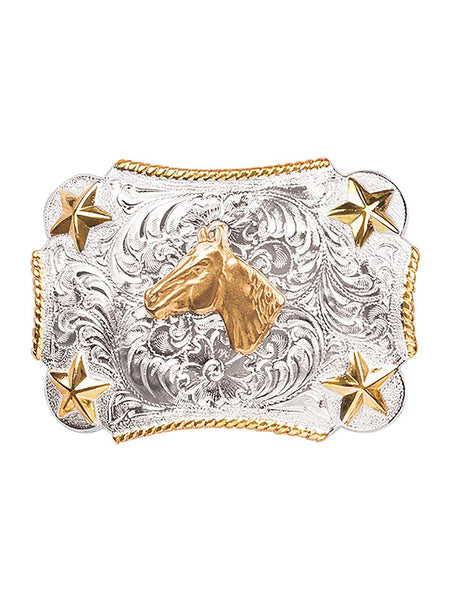Nocona 3603207 Kids Horsehead Rope Edge Western Buckle Silver And Gold front view. If you need any assistance with this item or the purchase of this item please call us at five six one seven four eight eight eight zero one Monday through Saturday 10:00a.m EST to 8:00 p.m EST