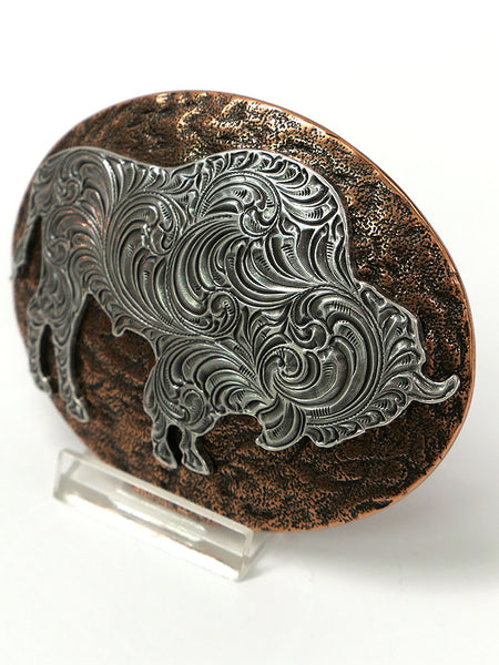 Nocona 37712 Oval Hammered Edge Buffalo Belt Buckle Copper And Silver close up. If you need any assistance with this item or the purchase of this item please call us at five six one seven four eight eight eight zero one Monday through Saturday 10:00a.m EST to 8:00 p.m EST