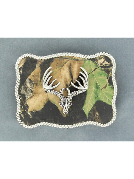 Nocona 37958 Mens Scalloped Rectangle Mossy Oak Buck Skull Buckle front view. If you need any assistance with this item or the purchase of this item please call us at five six one seven four eight eight eight zero one Monday through Saturday 10:00a.m EST to 8:00 p.m EST