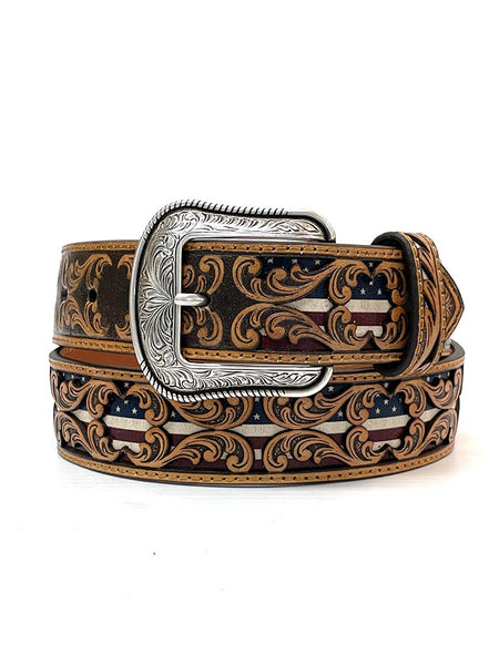 3D D100012408 Mens Tooled Overlay USA Flag Underlay Leather Belt Tan front. If you need any assistance with this item or the purchase of this item please call us at five six one seven four eight eight eight zero one Monday through Saturday 10:00a.m EST to 8:00 p.m EST