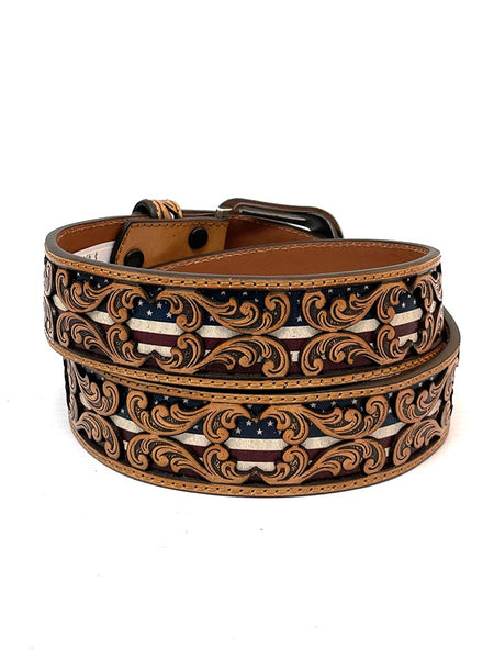 3D D100012408 Mens Tooled Overlay USA Flag Underlay Leather Belt Tan back. If you need any assistance with this item or the purchase of this item please call us at five six one seven four eight eight eight zero one Monday through Saturday 10:00a.m EST to 8:00 p.m EST