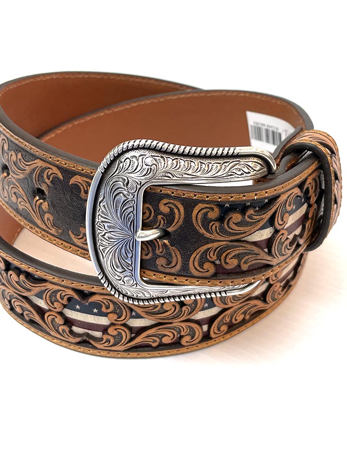 3D D100012408 Mens Tooled Overlay USA Flag Underlay Leather Belt Tan front. If you need any assistance with this item or the purchase of this item please call us at five six one seven four eight eight eight zero one Monday through Saturday 10:00a.m EST to 8:00 p.m EST