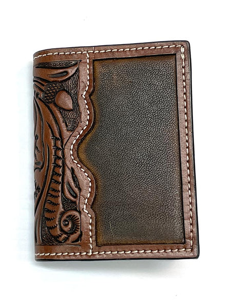 3D D250001702 Mens Trifold Floral Acorn Tooled Brown front view. If you need any assistance with this item or the purchase of this item please call us at five six one seven four eight eight eight zero one Monday through Saturday 10:00a.m EST to 8:00 p.m EST