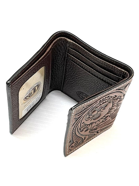 3D D250001702 Mens Trifold Floral Acorn Tooled Brown inside view. If you need any assistance with this item or the purchase of this item please call us at five six one seven four eight eight eight zero one Monday through Saturday 10:00a.m EST to 8:00 p.m EST