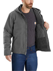 Carhartt 104392-GVL Mens Washed Duck Sherpa Lined Jacket Gravel open view. If you need any assistance with this item or the purchase of this item please call us at five six one seven four eight eight eight zero one Monday through Saturday 10:00a.m EST to 8:00 p.m EST