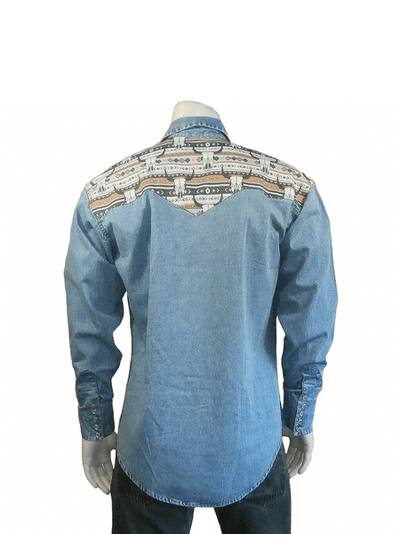 Rockmount 6721-D Mens Vintage 2-Tone Steer Skull Embroidery Western Shirt Denim back view. If you need any assistance with this item or the purchase of this item please call us at five six one seven four eight eight eight zero one Monday through Saturday 10:00a.m EST to 8:00 p.m EST