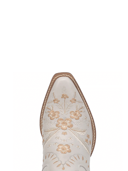 Dingo DI748-WHT Womens Primrose Ankle Western Bootie White toe view from above. If you need any assistance with this item or the purchase of this item please call us at five six one seven four eight eight eight zero one Monday through Saturday 10:00a.m EST to 8:00 p.m EST