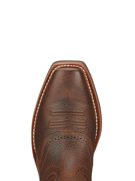 Ariat 10002227 Mens Heritage Roughstock Western Boot Brown Oiled Rowdy toe view from above. If you need any assistance with this item or the purchase of this item please call us at five six one seven four eight eight eight zero one Monday through Saturday 10:00a.m EST to 8:00 p.m EST