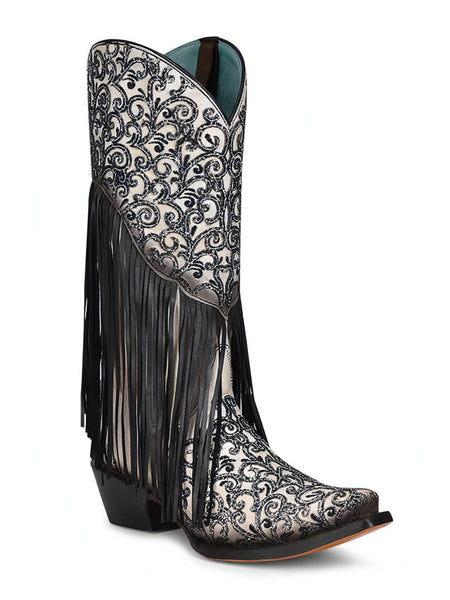 Corral C3877 Ladies Overlay & Embroidery Boots White And Black side/front view. If you need any assistance with this item or the purchase of this item please call us at five six one seven four eight eight eight zero one Monday through Saturday 10:00a.m EST to 8:00 p.m EST
