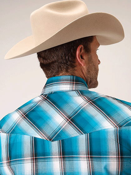 Roper 03-001-0278-2087 Mens Amarillo Long Sleeve Western Plaid Shirt Turquoise Blue front view. If you need any assistance with this item or the purchase of this item please call us at five six one seven four eight eight eight zero one Monday through Saturday 10:00a.m EST to 8:00 p.m EST