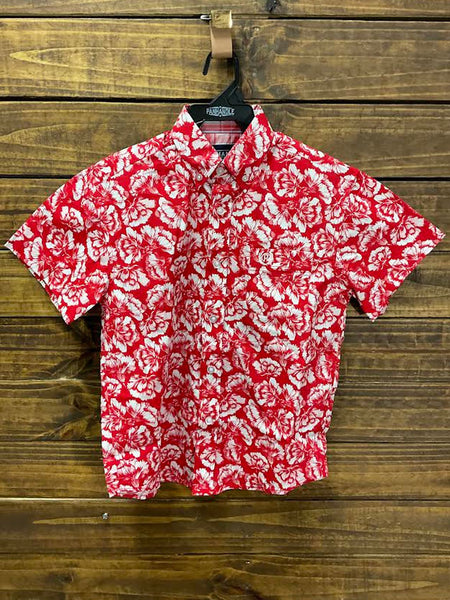 Panhandle C1D3176 Kids Boys Floral Short Sleeve Button Shirts Red front view hanging. If you need any assistance with this item or the purchase of this item please call us at five six one seven four eight eight eight zero one Monday through Saturday 10:00a.m EST to 8:00 p.m EST