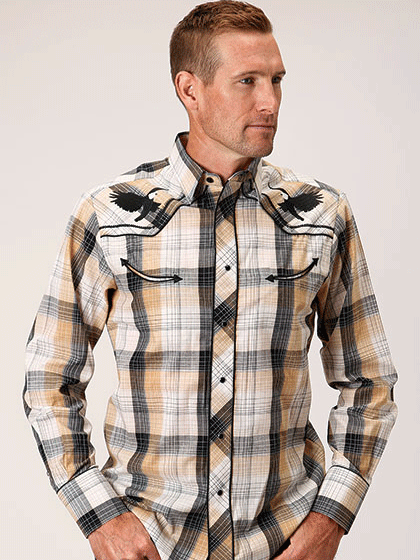 Roper 01-001-0016-2009 Mens Long Sleeve Plaid Western Shirt Khaki front view. If you need any assistance with this item or the purchase of this item please call us at five six one seven four eight eight eight zero one Monday through Saturday 10:00a.m EST to 8:00 p.m EST