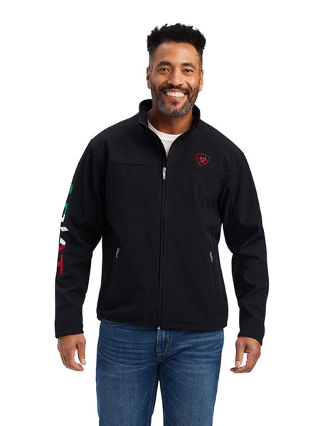 Ariat 10043055 Mens Team Mexico Logo Softshell Jacket Black front view. If you need any assistance with this item or the purchase of this item please call us at five six one seven four eight eight eight zero one Monday through Saturday 10:00a.m EST to 8:00 p.m EST