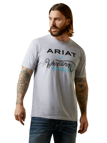 Ariat 10044011 Mens Roper Western Aloha T-Shirt Heather Grey front view. If you need any assistance with this item or the purchase of this item please call us at five six one seven four eight eight eight zero one Monday through Saturday 10:00a.m EST to 8:00 p.m EST