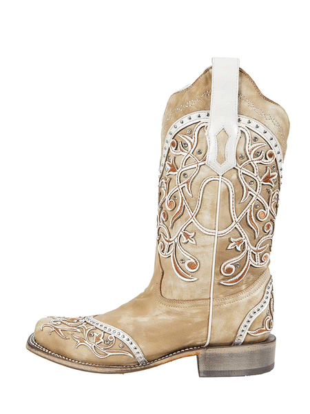 Corral A4165 Ladies Embroidery and Studs Square Toe Western Boot White full side view. If you need any assistance with this item or the purchase of this item please call us at five six one seven four eight eight eight zero one Monday through Saturday 10:00a.m EST to 8:00 p.m EST