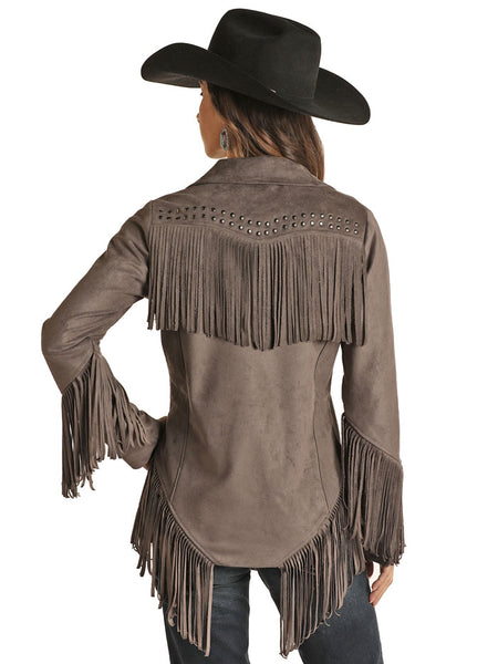 Panhandle 52-1085 Womens Micro Suede Fringe With Welt Pockets and Snaps Jacket Charcoal back view. If you need any assistance with this item or the purchase of this item please call us at five six one seven four eight eight eight zero one Monday through Saturday 10:00a.m EST to 8:00 p.m EST