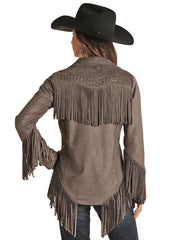 Panhandle 52-1085 Womens Micro Suede Fringe With Welt Pockets and Snaps Jacket Charcoal back