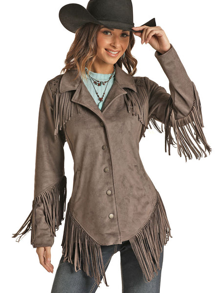 Panhandle 52-1085 Womens Micro Suede Fringe With Welt Pockets and Snaps Jacket Charcoal front view. If you need any assistance with this item or the purchase of this item please call us at five six one seven four eight eight eight zero one Monday through Saturday 10:00a.m EST to 8:00 p.m EST
