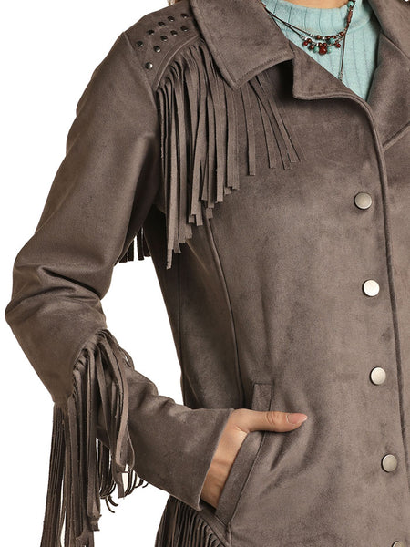 Panhandle 52-1085 Womens Micro Suede Fringe With Welt Pockets and Snaps Jacket Charcoal pocket close up. If you need any assistance with this item or the purchase of this item please call us at five six one seven four eight eight eight zero one Monday through Saturday 10:00a.m EST to 8:00 p.m EST