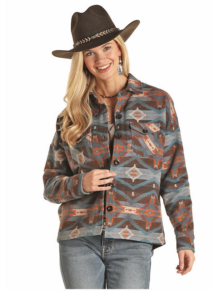 Panhandle 52-2048 Juniors Aztec Print Boyfriend Fit Shirt Jacket Brown front view. If you need any assistance with this item or the purchase of this item please call us at five six one seven four eight eight eight zero one Monday through Saturday 10:00a.m EST to 8:00 p.m EST