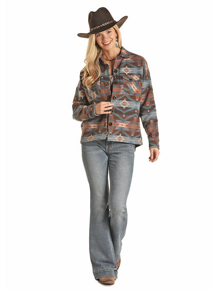 Panhandle 52-2048 Juniors Aztec Print Boyfriend Fit Shirt Jacket Brown full body view. If you need any assistance with this item or the purchase of this item please call us at five six one seven four eight eight eight zero one Monday through Saturday 10:00a.m EST to 8:00 p.m EST