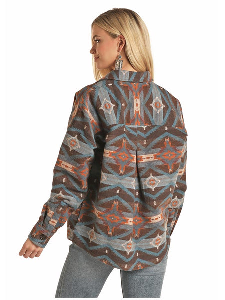 Panhandle 52-2048 Juniors Aztec Print Boyfriend Fit Shirt Jacket Brown bnack