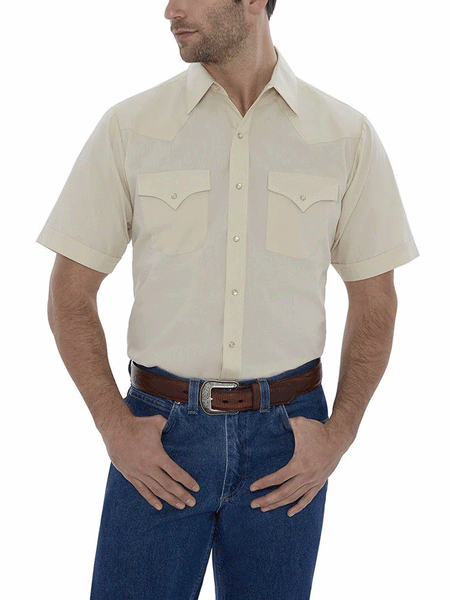 Ely Cattleman 15201605-23 Mens Short Sleeve Solid Western Shirt Ecru front view tucked in. If you need any assistance with this item or the purchase of this item please call us at five six one seven four eight eight eight zero one Monday through Saturday 10:00a.m EST to 8:00 p.m EST