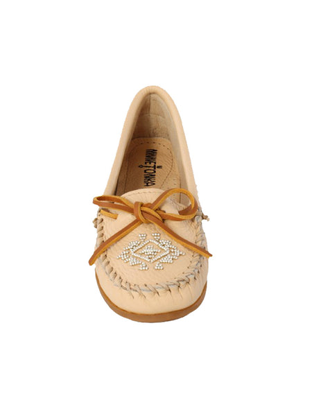 Minnetonka 57 Womens Deerskin Beaded Moccasin Champagne front view. If you need any assistance with this item or the purchase of this item please call us at five six one seven four eight eight eight zero one Monday through Saturday 10:00a.m EST to 8:00 p.m EST