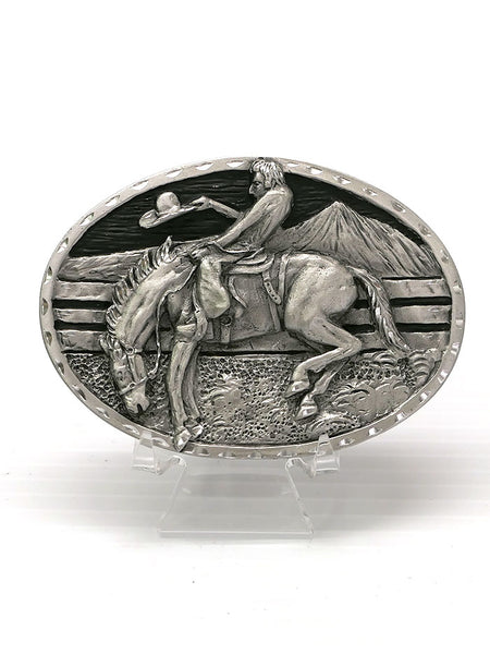 Spec Cast 5785 Saddlebronc Rider Scene Solid Pewter Belt Buckle front view. If you need any assistance with this item or the purchase of this item please call us at five six one seven four eight eight eight zero one Monday through Saturday 10:00a.m EST to 8:00 p.m EST