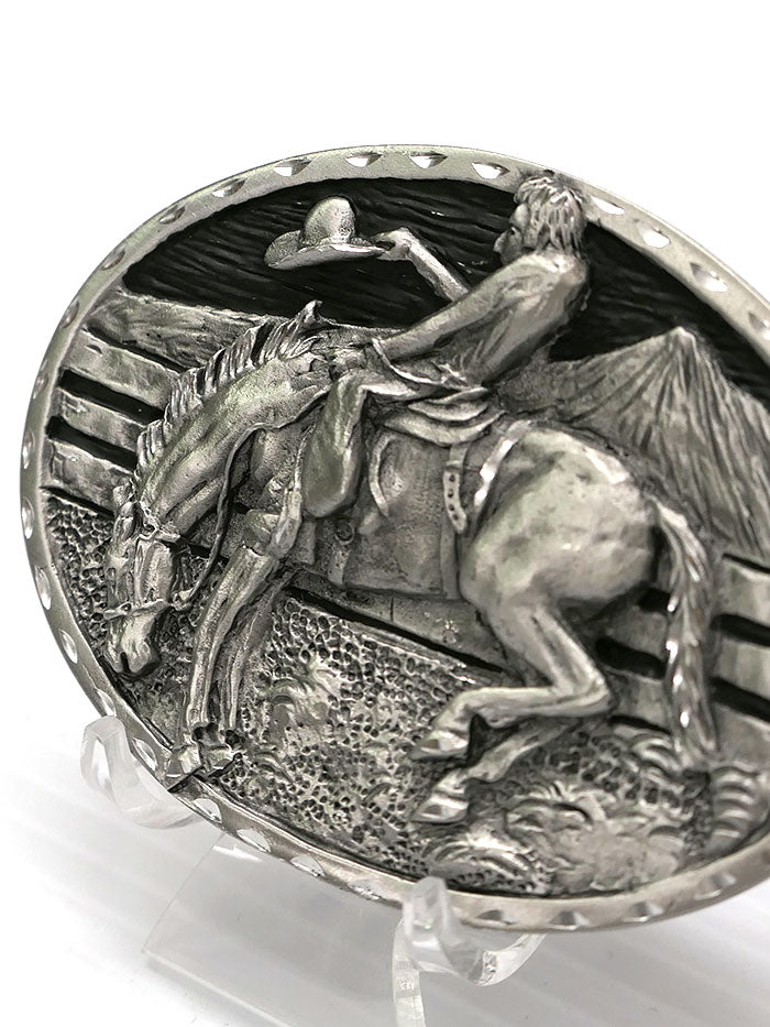 Spec Cast 5785 Saddlebronc Rider Scene Solid Pewter Belt Buckle front view. If you need any assistance with this item or the purchase of this item please call us at five six one seven four eight eight eight zero one Monday through Saturday 10:00a.m EST to 8:00 p.m EST