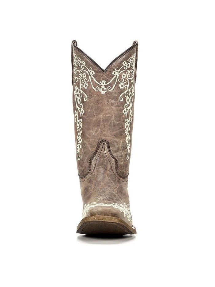 Corral A2980 Kids Crater Bone Embroidery Square Toe Boot Brown front-side view. If you need any assistance with this item or the purchase of this item please call us at five six one seven four eight eight eight zero one Monday through Saturday 10:00a.m EST to 8:00 p.m EST