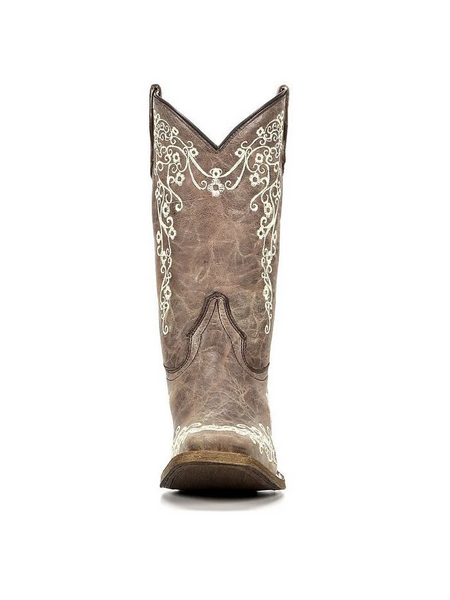 Corral A2980 Kids Crater Bone Embroidery Square Toe Boot Brown full front view. If you need any assistance with this item or the purchase of this item please call us at five six one seven four eight eight eight zero one Monday through Saturday 10:00a.m EST to 8:00 p.m EST