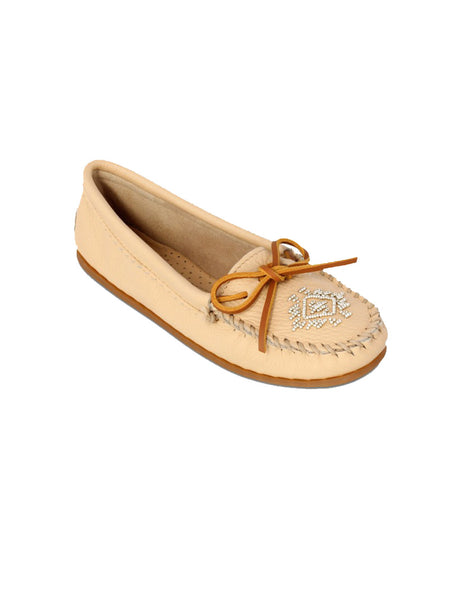 Minnetonka 57 Womens Deerskin Beaded Moccasin Champagne side front view. If you need any assistance with this item or the purchase of this item please call us at five six one seven four eight eight eight zero one Monday through Saturday 10:00a.m EST to 8:00 p.m EST
