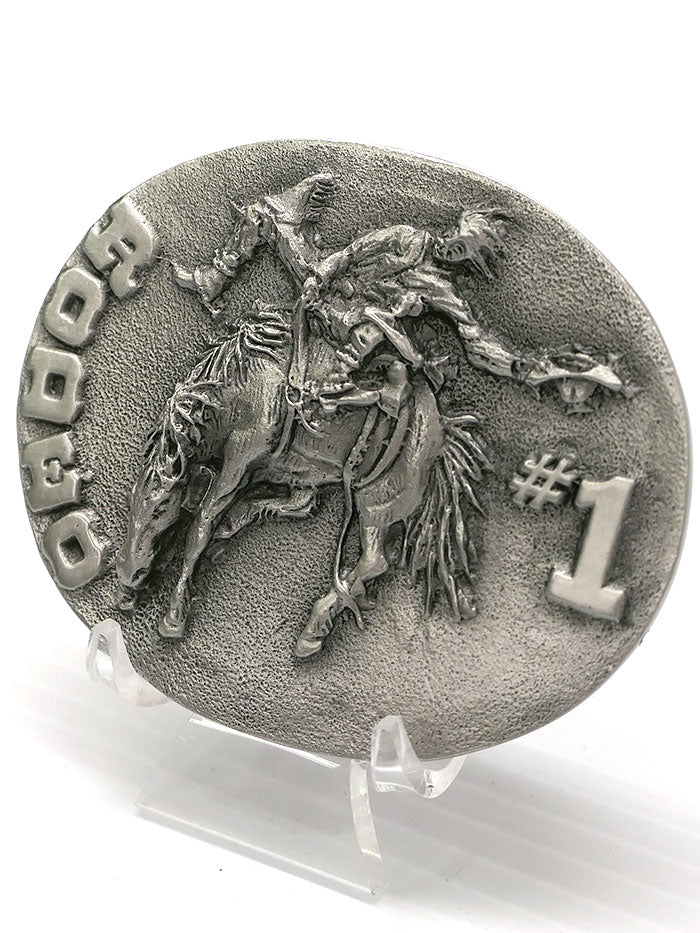 Spec Cast 5812 Rodeo #1 Solid Pewter Belt Buckle front view. If you need any assistance with this item or the purchase of this item please call us at five six one seven four eight eight eight zero one Monday through Saturday 10:00a.m EST to 8:00 p.m EST