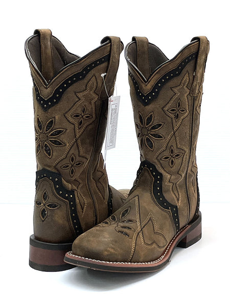 Laredo 5844 Womens BOUQUET Square Toe Western Boot Honey front and back view.If you need any assistance with this item or the purchase of this item please call us at five six one seven four eight eight eight zero one Monday through Saturday 10:00a.m EST to 8:00 p.m EST