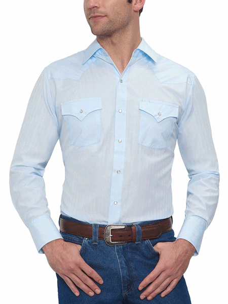 Ely Cattleman 15201934-82 Mens Long Sleeve Tone On Tone Western Tonal Blue front view tucked in. If you need any assistance with this item or the purchase of this item please call us at five six one seven four eight eight eight zero one Monday through Saturday 10:00a.m EST to 8:00 p.m EST