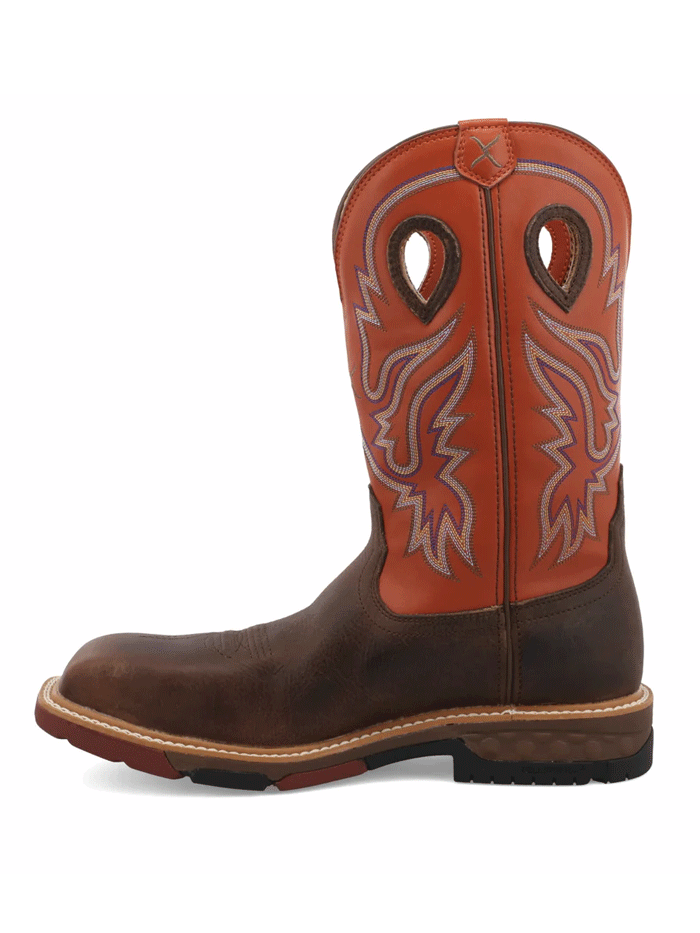 Twisted X MXBNW03 Mens Waterproof Nano Toe Western Work Boot Brown And Orange side and front view. If you need any assistance with this item or the purchase of this item please call us at five six one seven four eight eight eight zero one Monday through Saturday 10:00a.m EST to 8:00 p.m EST