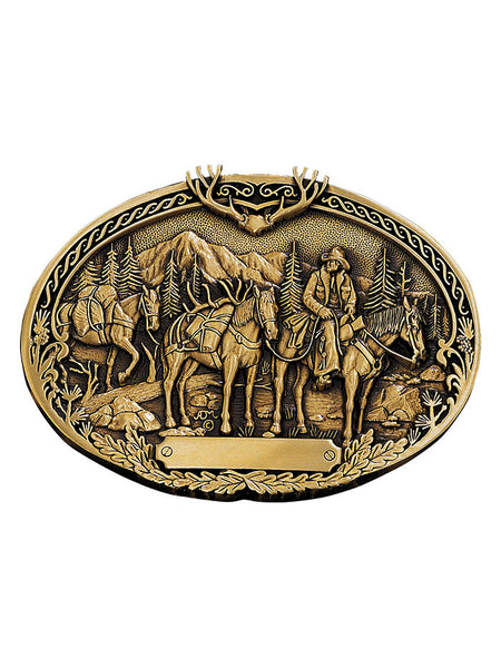 Montana Silversmiths 60789C Pack Horses and Rider Brass Heritage Attitude Belt Buckle Brass front view. If you need any assistance with this item or the purchase of this item please call us at five six one seven four eight eight eight zero one Monday through Saturday 10:00a.m EST to 8:00 p.m EST