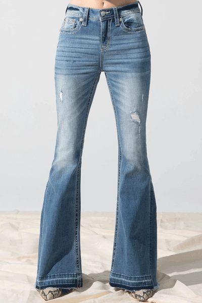 Miss Me H3636F56 Womens Not So Fray High Rise Flare Jeans Light Blue front view. If you need any assistance with this item or the purchase of this item please call us at five six one seven four eight eight eight zero one Monday through Saturday 10:00a.m EST to 8:00 p.m EST