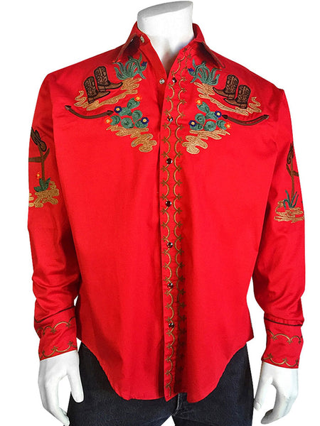 Rockmount 6842-RED Mens Cactus & Cowboy Boots Embroidered Western Shirt Red front view. If you need any assistance with this item or the purchase of this item please call us at five six one seven four eight eight eight zero one Monday through Saturday 10:00a.m EST to 8:00 p.m EST