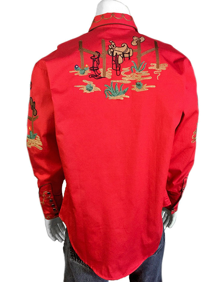 Rockmount 6842-RED Mens Cactus & Cowboy Boots Embroidered Western Shirt Red front view. If you need any assistance with this item or the purchase of this item please call us at five six one seven four eight eight eight zero one Monday through Saturday 10:00a.m EST to 8:00 p.m EST